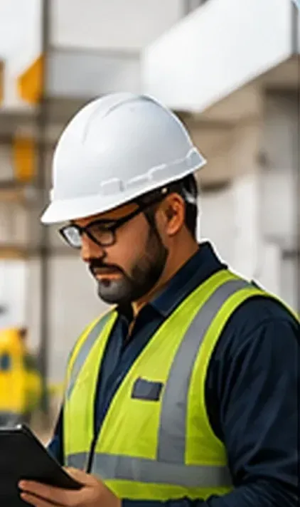 Técnico de capacete e colete refletivo consultando um tablet (imagem ilustrativa)