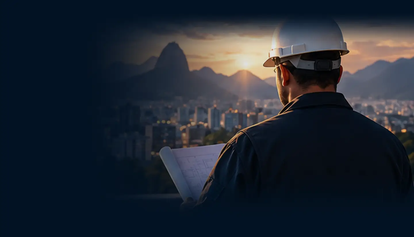 Engenheiro de capacete observando a cidade do Rio de Janeiro ao entardecer (imagem ilustrativa)