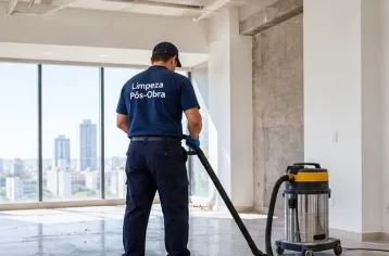 Profissional aspirando o piso de uma sala recém-construída (imagem ilustrativa)